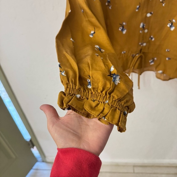 Outerknown Poet Blouse Mustard V Neck Button Waist Tie Floral Blouse S - Picture 5 of 7